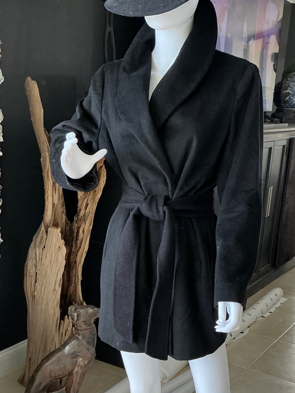 Calvin Klein Black Wrap Robe Coat with Self Tie